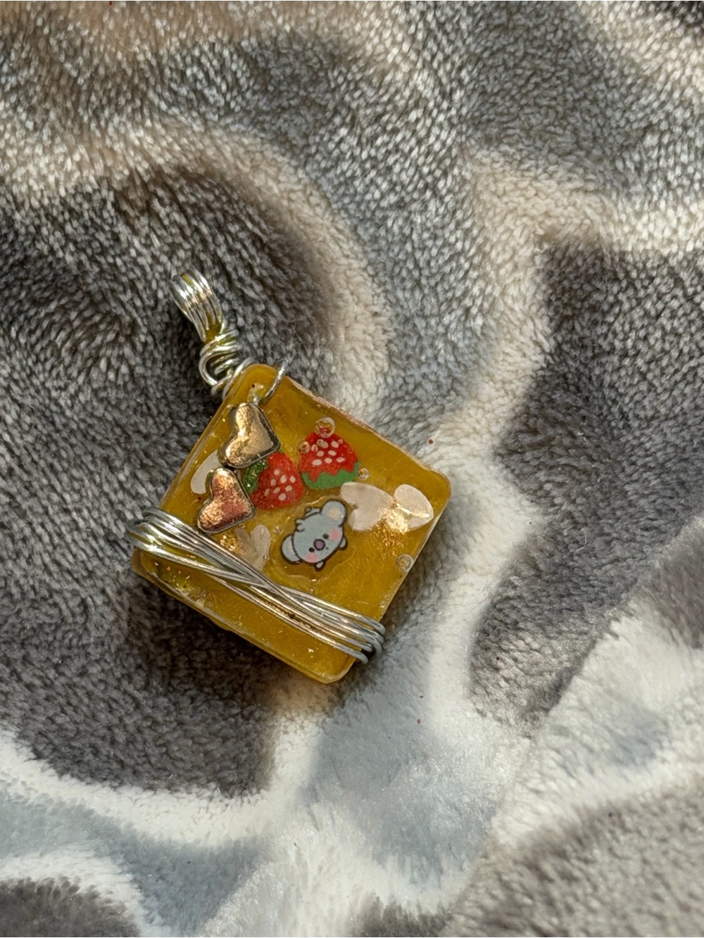 Handmade Yellow Resin Charm Pendant with Strawberry and Heart Accents